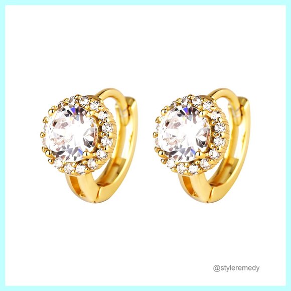 Jewelry - 14K Gold Plated Cubic Zirconia Huggie Hoop Earrings, Dainty Halo Design